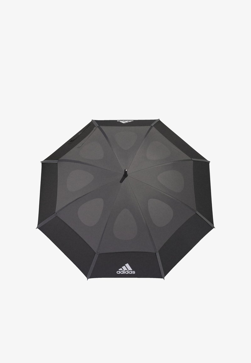 Black vented umbrella with eight panels, featuring a smooth matte texture, subtle drop shape patterns, and a white Adidas logo at the bottom.