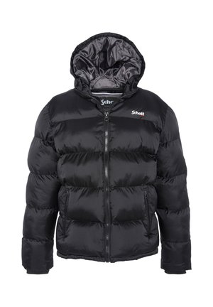 Giacca a vento nera con cappuccio, dotata di zip frontale, due tasche laterali e sezioni trapuntate per l'isolamento. Tessuto liscio e lucido.