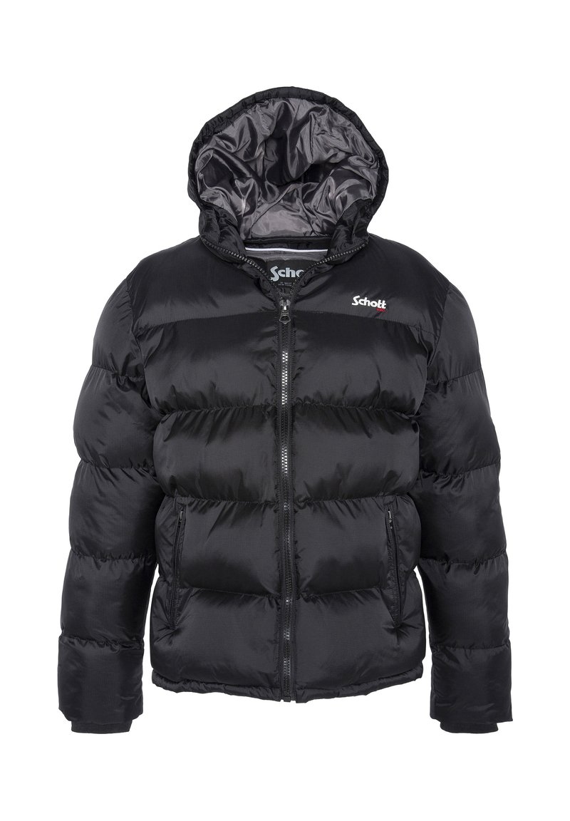 Sort puffer-jakke med hætte, der har en frontlynlås, to sidelommer og kviltede sektioner til isolering. Glat, skinnende stof.