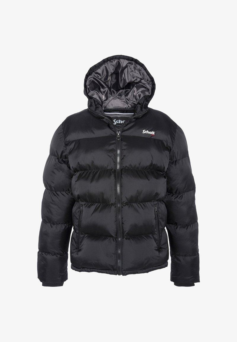 Chaqueta de plumas negra con capucha, que cuenta con un cierre frontal, dos bolsillos laterales y secciones acolchadas para aislamiento. Tejido suave y brillante.