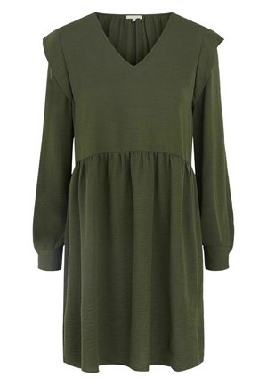 Olivgrünes Kleid mit V-Ausschnitt, langen Ärmeln und Stufendesign. Hergestellt aus leichtem Stoff mit weicher Textur und geraffter Taille.