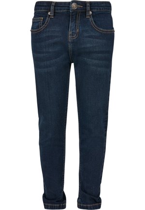 Jean skinny bleu foncé avec bouton à l'avant, fermeture éclair, design cinq poches et couture contrastée orange, présenté sur fond blanc.