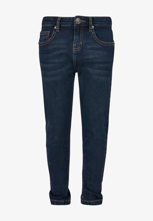 Jean skinny bleu foncé avec bouton à l'avant, fermeture éclair, design cinq poches et couture contrastée orange, présenté sur fond blanc.
