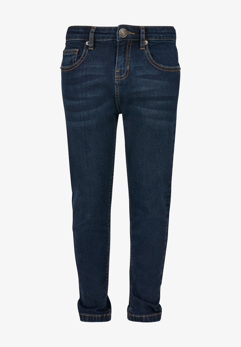 Jean skinny bleu foncé avec bouton à l'avant, fermeture éclair, design cinq poches et couture contrastée orange, présenté sur fond blanc.