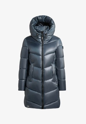 Tumed sinine sooja jope, millel on kõrge krae, lukuga sulgemine ja diagonaalne tikandimuster. Mati viimistlus ja küljetaskud.