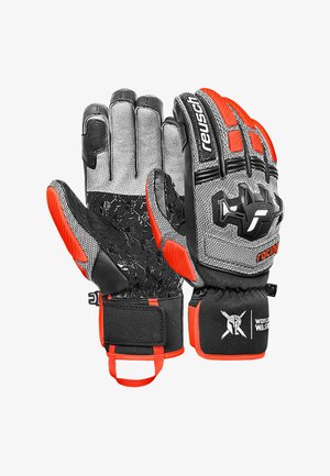 Gloves with a textured grey fabric exterior, black leather accents, orange highlights, and a secure cuff with velcro adjustment.