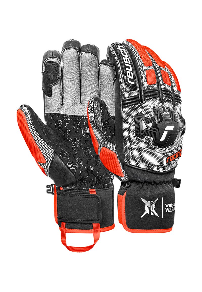 Handschuhe mit einem strukturierten grauen Stoffaußenmaterial, schwarzen Lederakzenten, orangefarbenen Highlights und einem sicheren Bund mit Klettverschluss. 