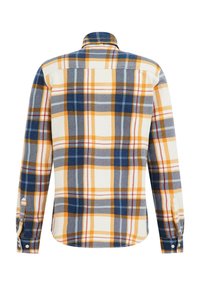 Chemise en flanelle à manches longues avec un motif à carreaux crème, marine, orange et rouge, vue de dos avec des poignets boutonnés et un col.