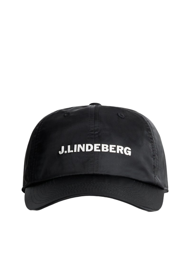 Casquette noire en tissu léger avec une visière courbée, une sangle ajustable et un logo "J. Lindeberg" en blanc audacieux à l'avant.
