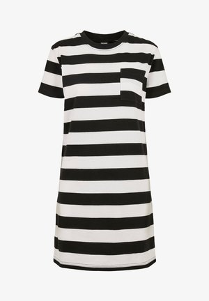 Rochie din tricou cu dungi alb-negru, mâneci scurte, guler rotund, dotată cu un buzunar pe pieptul stâng. Material din bumbac, croială lejeră.