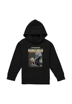 Schwarzer Hoodie mit der abgebildeten Figur des Mandalorianers mit Helm, der Baby Yoda hält, versehen mit dem Text "Star Wars The Mandalorian: Die Legende geht weiter."
