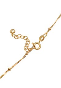 Gold chain necklace with a textured design, featuring a lobster clasp and extender links for adjustable length. Smooth finish and shiny surface.