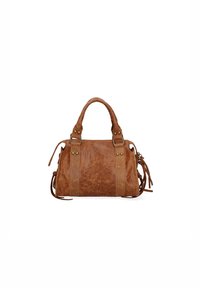 Borsa in pelle tan con doppi manici superiori, accessori in ottone e frange laterali. Presenta una superficie liscia e una forma strutturata e arrotondata.