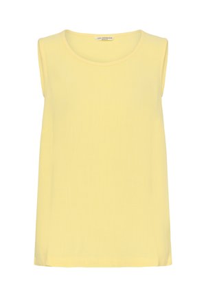 Haut sans manches jaune clair à col rond, coupe ample et tissu lisse, ourlet plat, avec une étiquette indiquant « Love Copenhagen ».