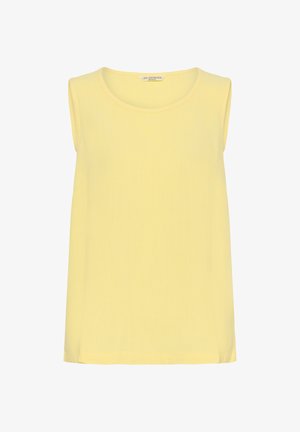 Haut sans manches jaune clair à col rond, coupe ample et tissu lisse, ourlet plat, avec une étiquette indiquant « Love Copenhagen ».