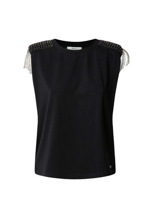 Čierny bezrukávový top s korálkovými detailami na ramenných švoch a jemným materiálom. Priamy strih s okrúhlym výstrihom a diskrétnym lemovaním.