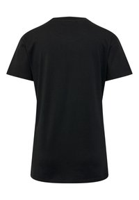 Schwarzes Baumwoll-T-Shirt mit kurzen Ärmeln, rundem Ausschnitt und lockerer Passform. Glatte Textur, keine Muster oder Verzierungen.