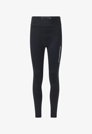 Leggings de sport noirs longueur totale avec taille haute et petite bande réfléchissante sur la cuisse droite.