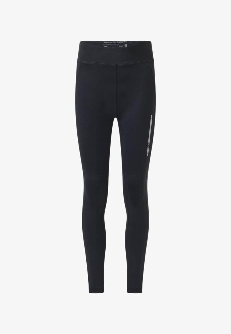 Leggings de sport noirs longueur totale avec taille haute et petite bande réfléchissante sur la cuisse droite.