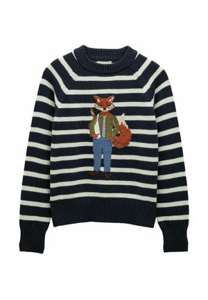 Sweter w niebiesko-białe paski z haftem przedstawiającym lisa w zielonej kurtce, czerwonym szalu, w paskowaną koszulę, niebieskie spodnie i brązowe buty na przodzie.