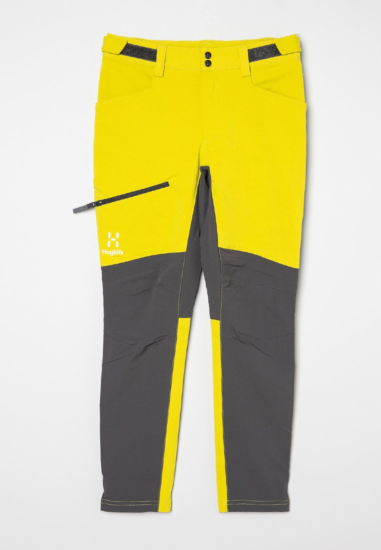 Pantaloni da esterno gialli e grigi con tasca con zip, ginocchia rinforzate e vita elastica con chiusura a bottone.