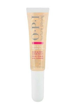 Tube mit OPI Nature Strong Good as Gold Nagelhautserum für Nägel und Haut, enthält 7 ml, mit weißem Schraubverschluss.