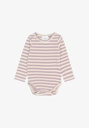 Dětský overálek s dlouhými rukávy, béžovo-světle fialovými vodorovnými pruhy a patentkami na rameni a mezi nohama.