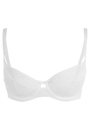 White lace bra with a sheer mesh design, featuring an underwire structure, adjustable straps, and a front hook closure.