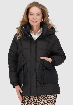 Black padded jacket with a hood, featuring quilted side pockets, elasticized cuffs, and a zippered front. Standing against a neutral background.
