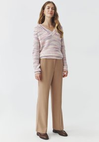 V-hals, multicolore gebreide trui in pastelkleuren, gecombineerd met hooggetailleerde beige broek. Vrouw staat in bruine schoenen, neutrale achtergrond.