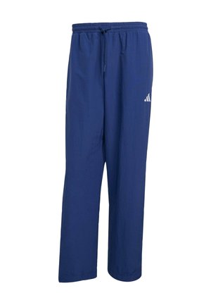 Marineblauwe sportbroek van lichtgewicht stof, voorzien van een elastische tailleband met trekkoord en een Adidas-logo op het linkerbeen.