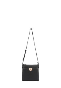 Zwarte leren crossbody tas met een rechthoekige vorm, verstelbare schouderriem en goudkleurige hardware met een logo-accent aan de voorkant.