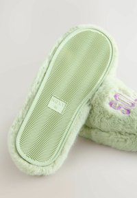 Vihreät keinoturkislapastot, joissa on teksturoitu kumipohja. Sivussa on kirjailtu "SOFT" purppuralla värillä, pehmeä pehmustus mukavuutta varten.