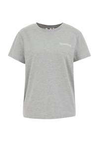 Siva bombažna majica s kratkimi rokavi, okroglo ovratnikom in majhnim belim tiskom "BONHEUR" na levem prsnem predelu.