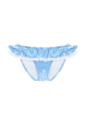 Braguita de bikini azul claro con estampado blanco de coral, cintura fruncida y lazos decorativos a cada lado.