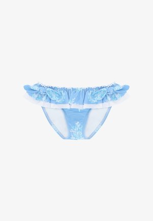 Braguita de bikini azul claro con estampado blanco de coral, cintura fruncida y lazos decorativos a cada lado.