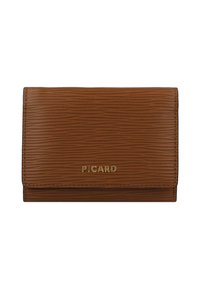 Brown textured leather wallet with a vertical stripe pattern, featuring gold embossed logo on the front and a magnetic snap closure.