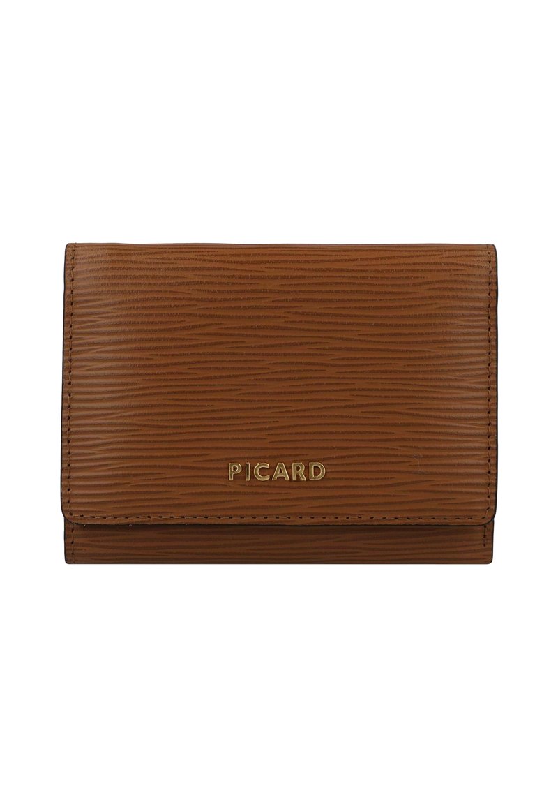 Brown textured leather wallet with a vertical stripe pattern, featuring gold embossed logo on the front and a magnetic snap closure.