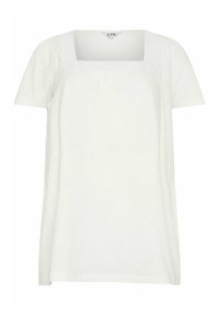 Biały top z krótkim rękawem, z kwadratowym dekoltem, z teksturowanym wykończeniem przy kołnierzu oraz luźnym, swobodnym krojem.