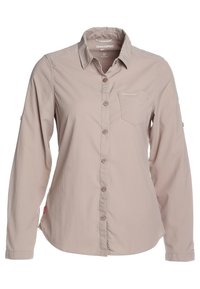 Camicia beige a maniche lunghe realizzata in tessuto leggero, con chiusura a bottoni sul davanti, colletto e taschino sul petto con dettagli del logo.