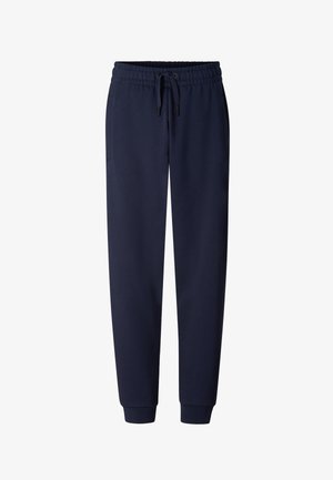 Granatowe spodnie dresowe z elastycznym paskiem w talii, sznurkiem do związania, bocznymi kieszeniami i ściągaczami przy kostkach.
