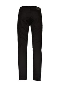 Czarne dżinsy o slim fit, z gładką teksturą, tylnymi kieszeniami i skórzaną łatą na pasku.