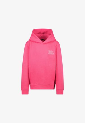 Fleece pullover hoodie in een opvallende roze kleur met een voorzak en een capuchon met trekkoord. Voorzien van een witte geborduurde logo op de borst.
