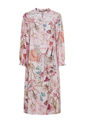 Langærmet kjole til knæet med lyserøde, beige og blå blomster- og bladmønstre, knaplukning ved halsen og rynkede ærmekanter.