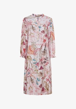 Langærmet kjole til knæet med lyserøde, beige og blå blomster- og bladmønstre, knaplukning ved halsen og rynkede ærmekanter.