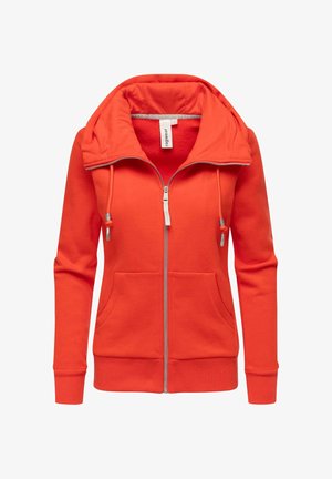 Rød zip-up hoodie med en stor, fold-over krave. Har snoretræk, forlommer og ribbede манchetter. Blød stoftekstur.
