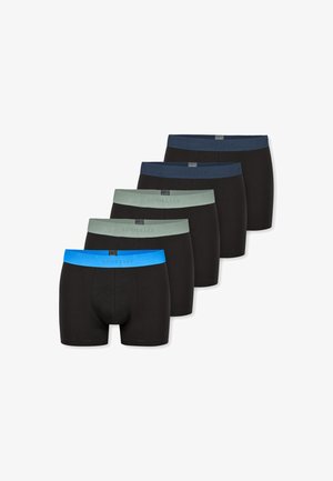Five pairs of men's boxer briefs in black, featuring elastic waistbands in blue, navy, and green. Made from soft, stretchy material.