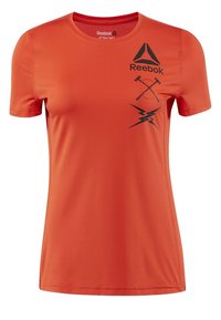 Kortärmad, atletisk Reebok t-shirt i stark orange. Har svarta grafik, inklusive logotyper och symboler, med en mjuk och stretchy textur.