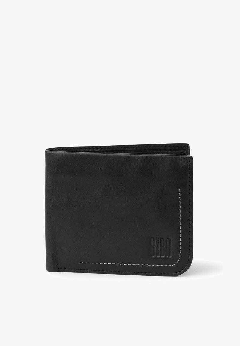 Zwarte leren portemonnee met een gladde textuur, voorzien van witte stiksels en geperst merklogo. Een klassieke bi-fold ontwerp met kaartsleeves.