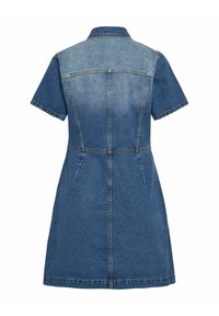 Denimkleid lühikeste varrukatega, helesinine ülemine osa ja tumedamat sinist seelikut, struktureeritud õmblused, kaks esikotti ja kraega kaelus.